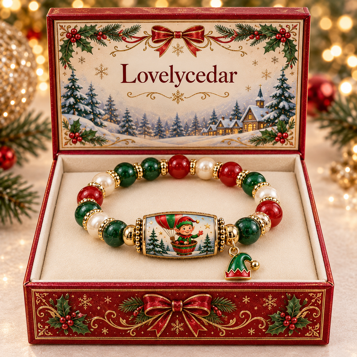 Lovelycedar Christmas Charm Bracelet – Festive Beaded Holiday Jewelry with Gift Box-V