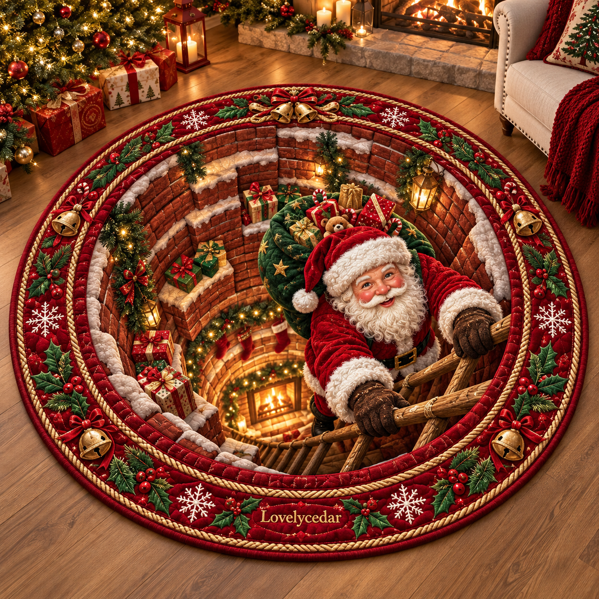 Lovelycedar 3D Christmas Optical Illusion Round Area Rug – Holiday Home Decor-V