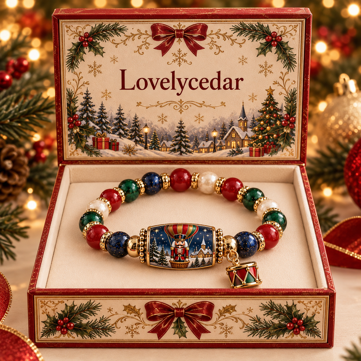 Lovelycedar Christmas Charm Bracelet – Festive Beaded Holiday Jewelry with Gift Box-V
