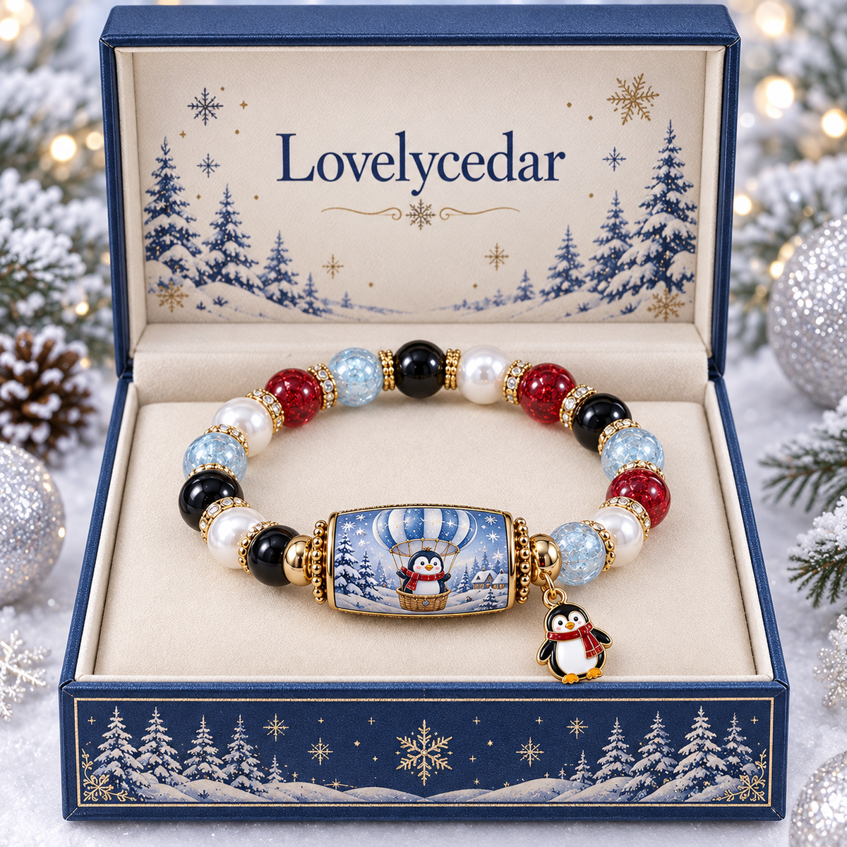 Lovelycedar Christmas Charm Bracelet – Festive Beaded Holiday Jewelry with Gift Box-V