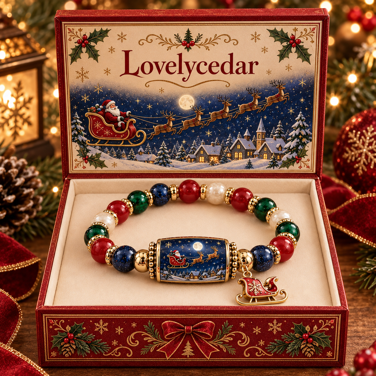 Lovelycedar Christmas Charm Bracelet – Festive Beaded Holiday Jewelry with Gift Box-V