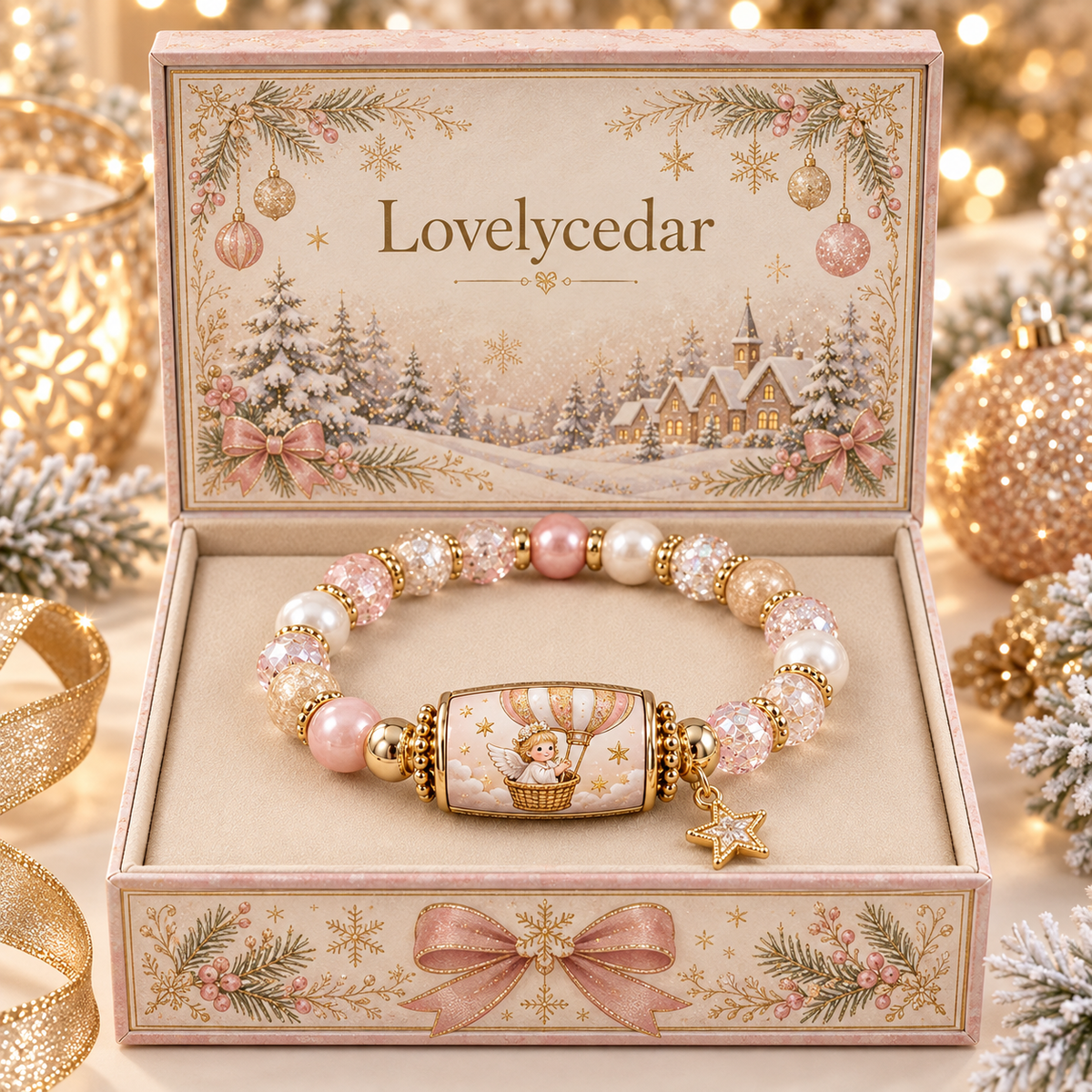 Lovelycedar Christmas Charm Bracelet – Festive Beaded Holiday Jewelry with Gift Box-V