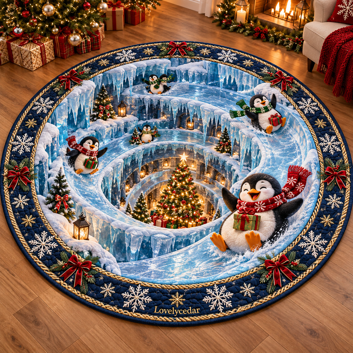 Lovelycedar 3D Christmas Optical Illusion Round Area Rug – Holiday Home Decor-V