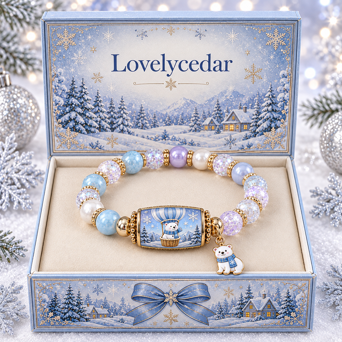 Lovelycedar Christmas Charm Bracelet – Festive Beaded Holiday Jewelry with Gift Box-V