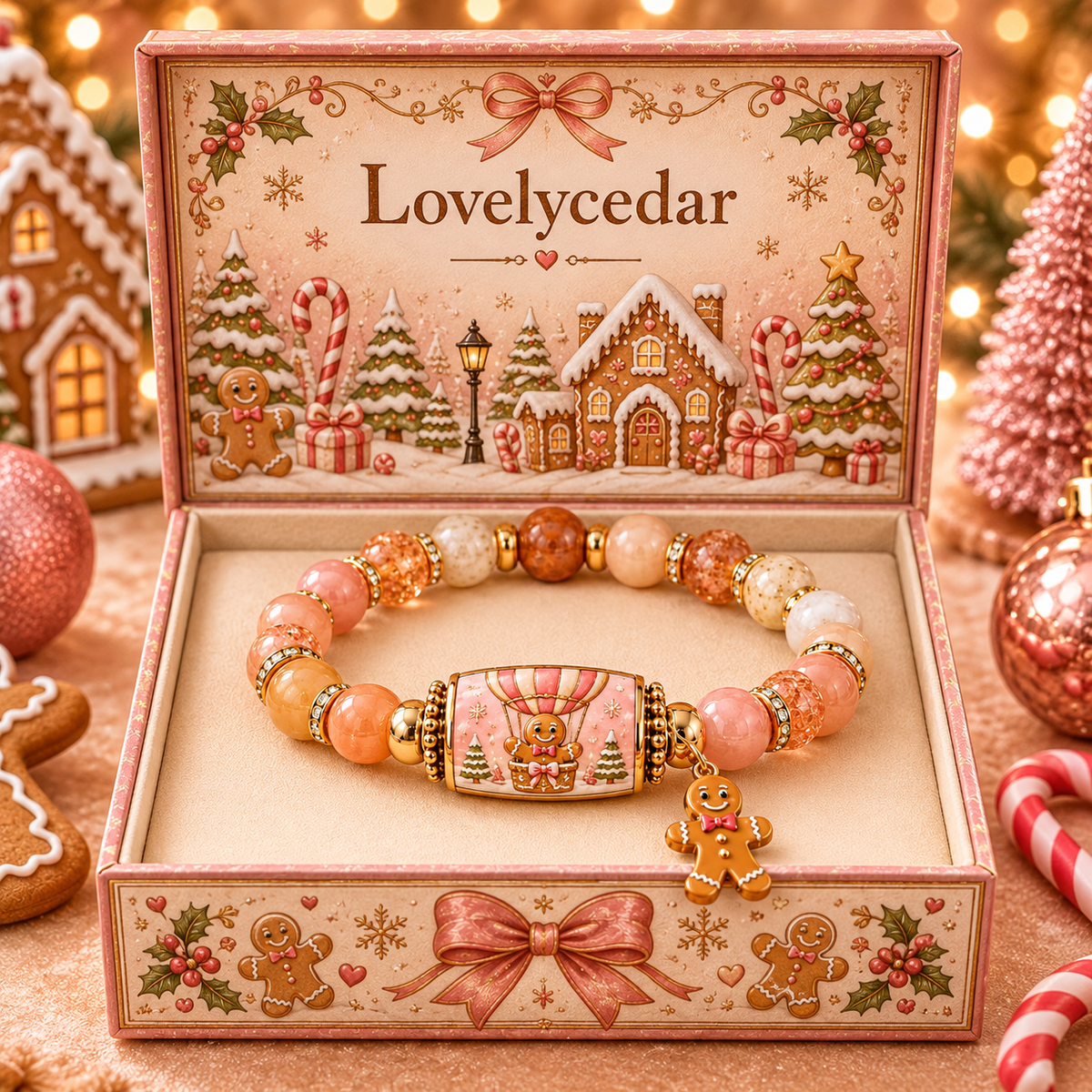 Lovelycedar Christmas Charm Bracelet – Festive Beaded Holiday Jewelry with Gift Box-V