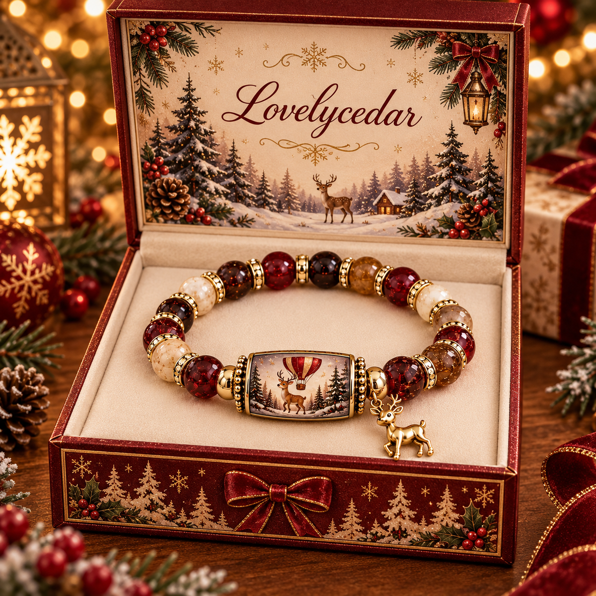 Lovelycedar Christmas Charm Bracelet – Festive Beaded Holiday Jewelry with Gift Box-V