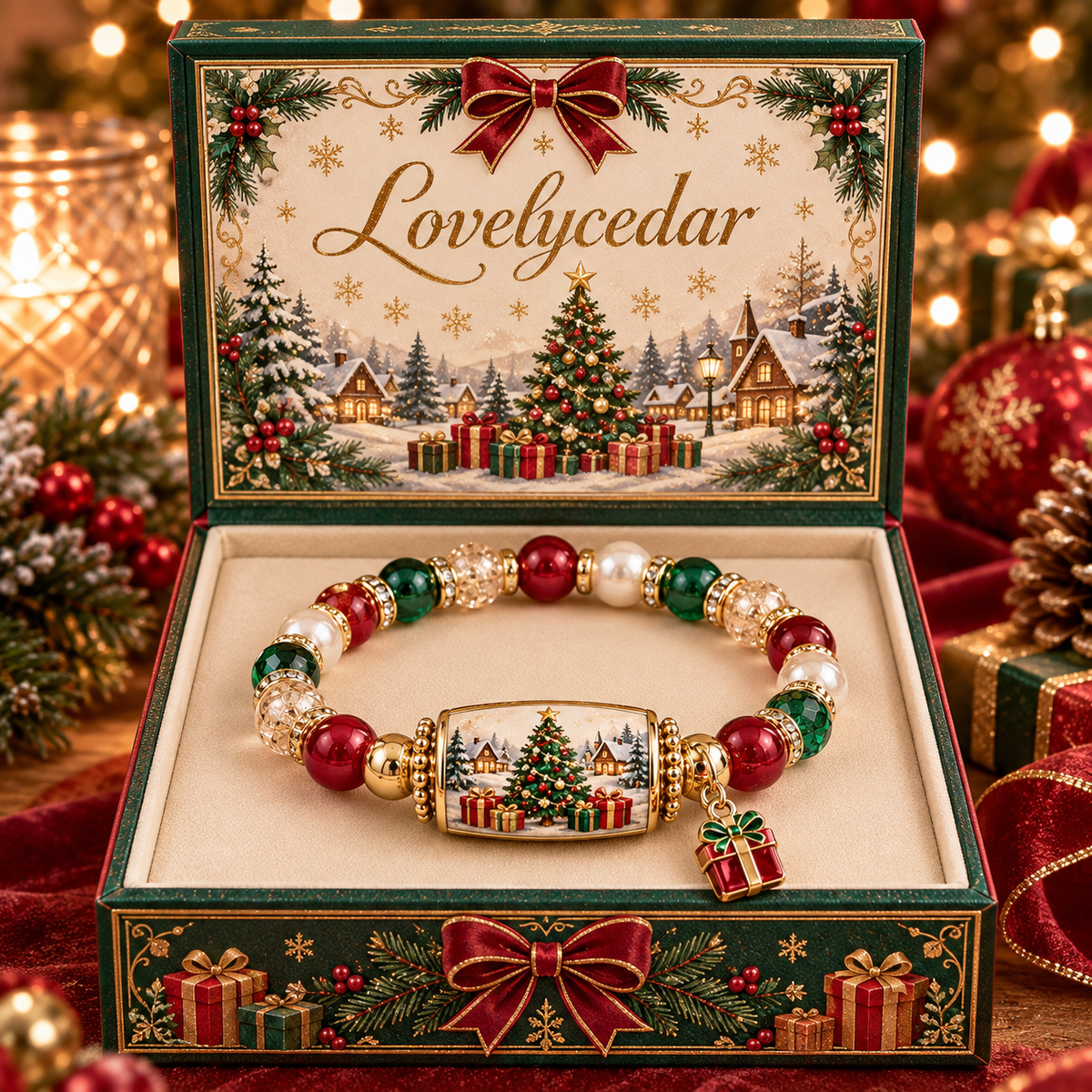 Lovelycedar Christmas Charm Bracelet – Festive Beaded Holiday Jewelry with Gift Box-V
