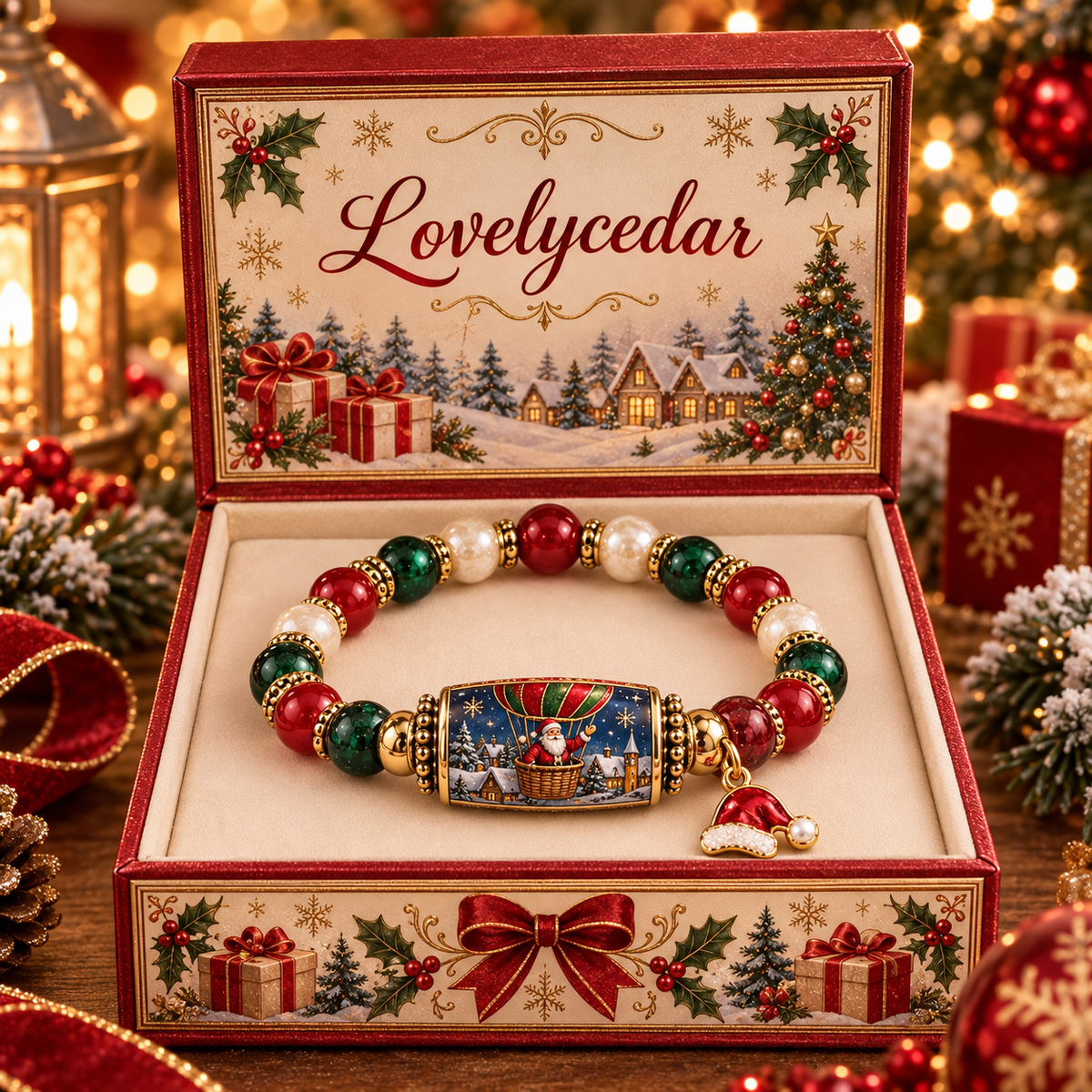 Lovelycedar Christmas Charm Bracelet – Festive Beaded Holiday Jewelry with Gift Box-V