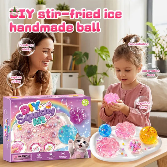 Lovelycedar DIY Cat Paw Squishy Kit – Soft Mochi-Texture ASMR Sensory Fidget Toy with Molds, Beads & Glitter, Creative Craft Gift for Kids-V