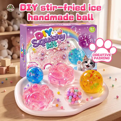 Lovelycedar DIY Cat Paw Squishy Kit – Soft Mochi-Texture ASMR Sensory Fidget Toy with Molds, Beads & Glitter, Creative Craft Gift for Kids-V