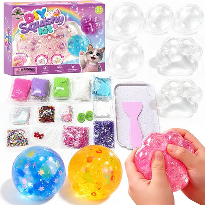 Lovelycedar DIY Cat Paw Squishy Kit – Soft Mochi-Texture ASMR Sensory Fidget Toy with Molds, Beads & Glitter, Creative Craft Gift for Kids-V