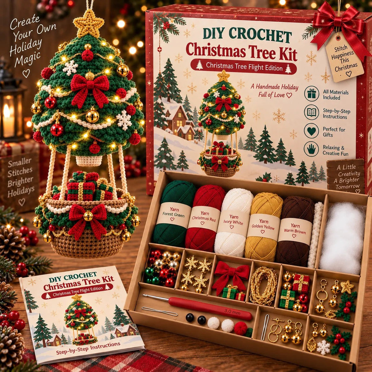 Lovelycedar DIY Crochet Christmas Ornament Kit – Holiday Hot Air Balloon Craft Set with Yarn, Hook & Step-by-Step Guide-V