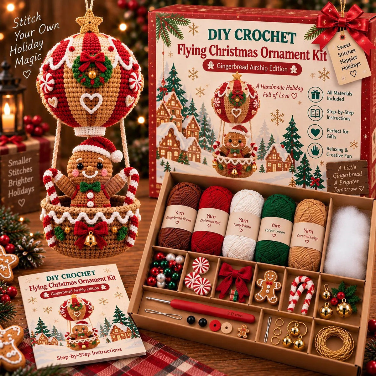 Lovelycedar DIY Crochet Christmas Ornament Kit – Holiday Hot Air Balloon Craft Set with Yarn, Hook & Step-by-Step Guide-V