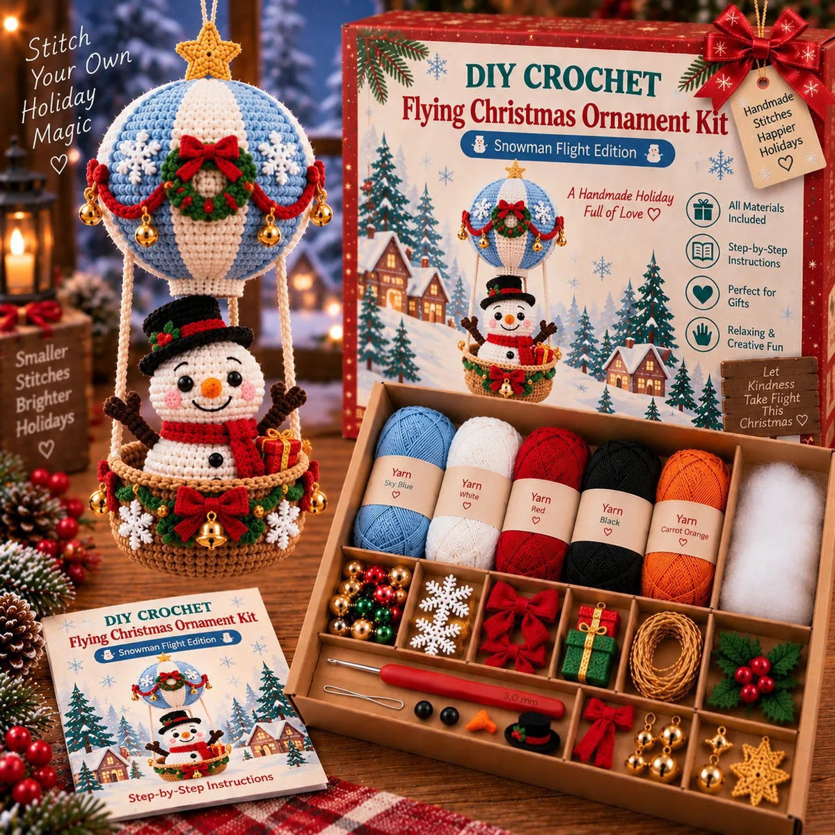 Lovelycedar DIY Crochet Christmas Ornament Kit – Holiday Hot Air Balloon Craft Set with Yarn, Hook & Step-by-Step Guide-V