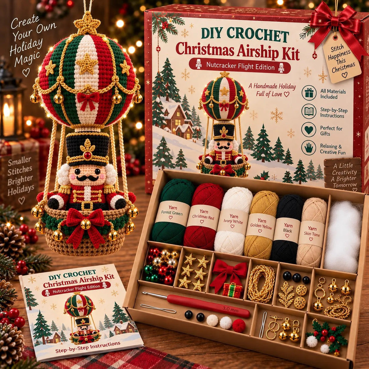 Lovelycedar DIY Crochet Christmas Ornament Kit – Holiday Hot Air Balloon Craft Set with Yarn, Hook & Step-by-Step Guide-V
