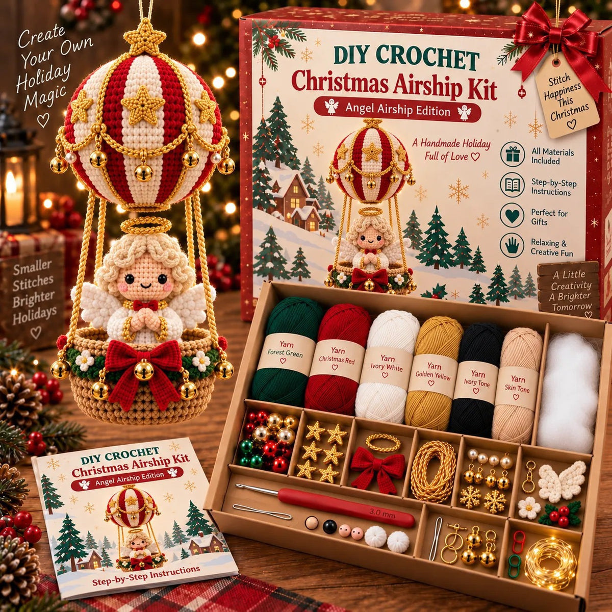 Lovelycedar DIY Crochet Christmas Ornament Kit – Holiday Hot Air Balloon Craft Set with Yarn, Hook & Step-by-Step Guide-V