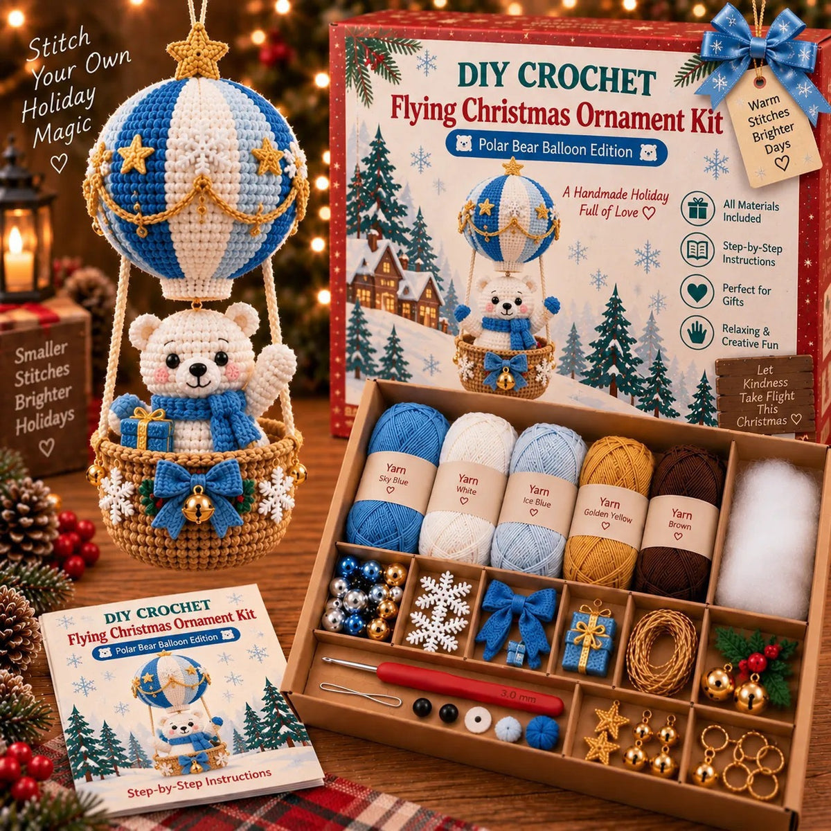 Lovelycedar DIY Crochet Christmas Ornament Kit – Holiday Hot Air Balloon Craft Set with Yarn, Hook & Step-by-Step Guide-V