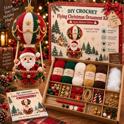 Lovelycedar DIY Crochet Christmas Ornament Kit – Holiday Hot Air Balloon Craft Set with Yarn, Hook & Step-by-Step Guide-V