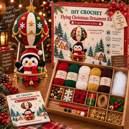 Lovelycedar DIY Crochet Christmas Ornament Kit – Holiday Hot Air Balloon Craft Set with Yarn, Hook & Step-by-Step Guide-V