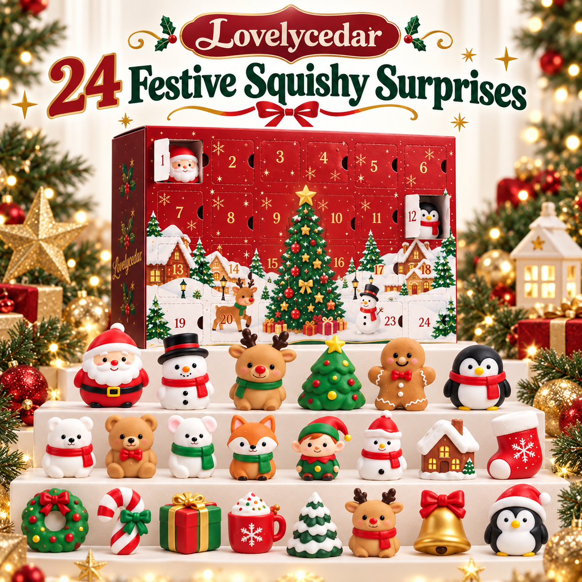 Lovelycedar 24-Day Christmas Squishy Advent Calendar – Mystery Sensory Toy Countdown Box-V