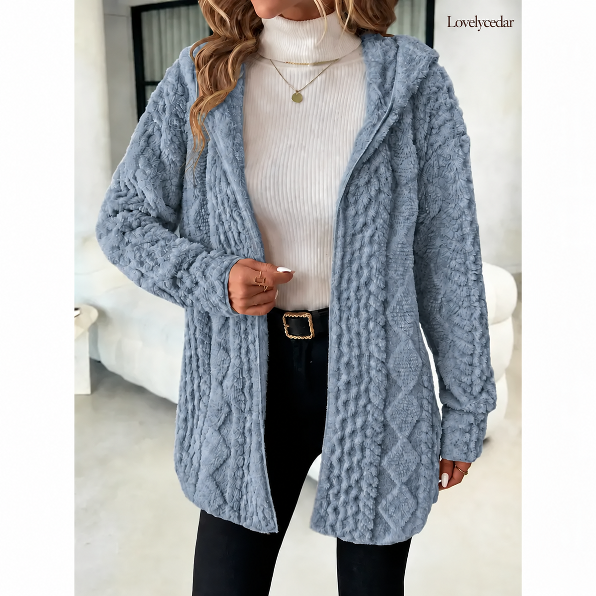 Lovelycedar hooded plush cardigan blue color