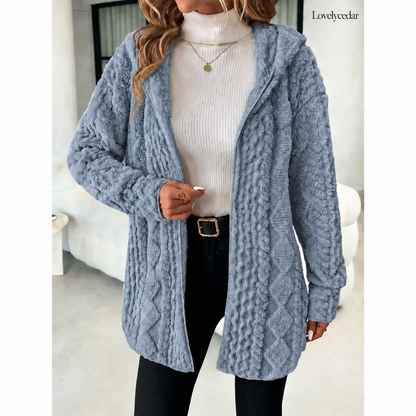 Lovelycedar hooded plush cardigan blue color