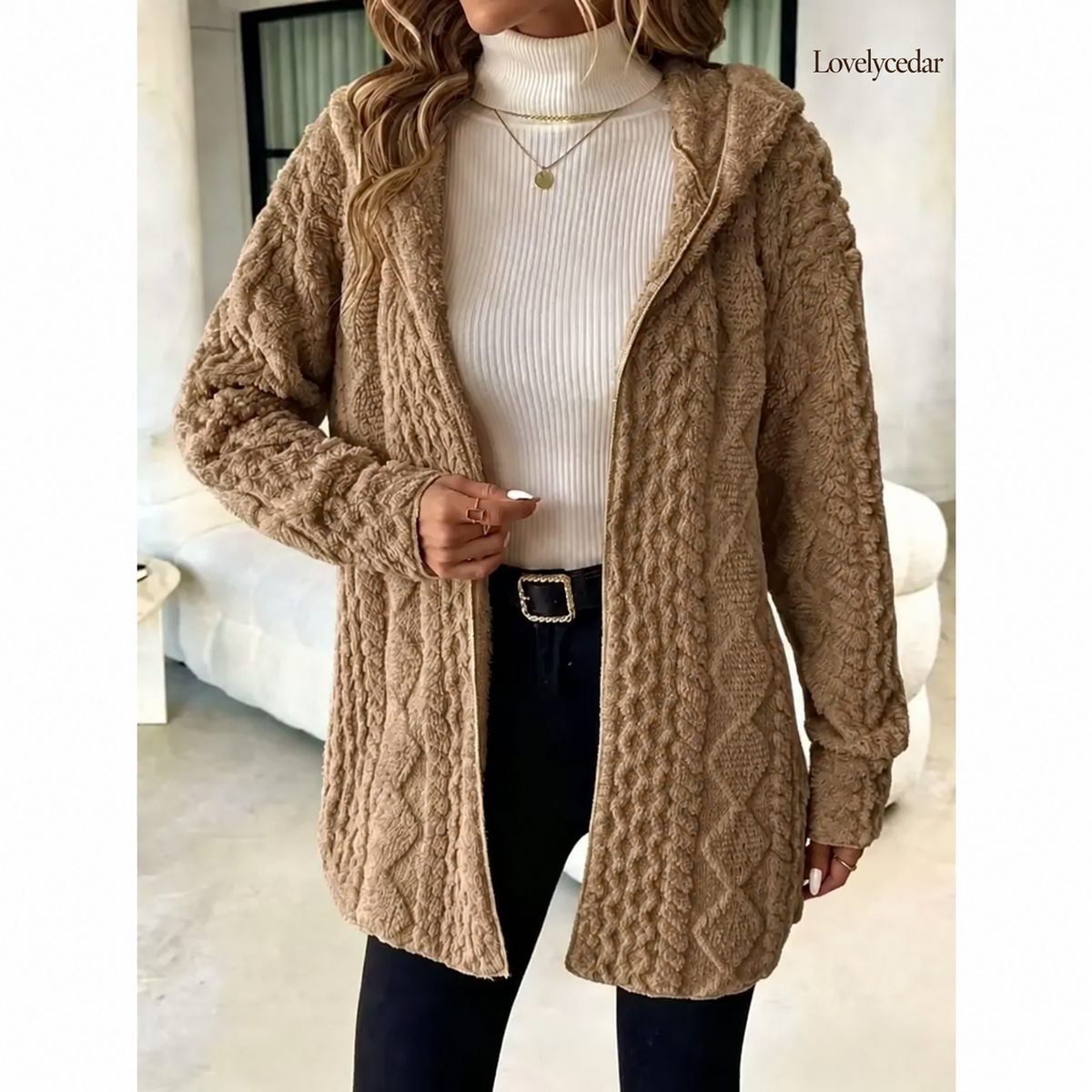Lovelycedar hooded plush cardigan camel color