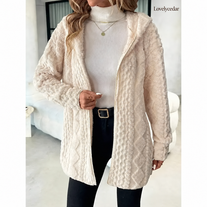 Lovelycedar hooded plush cardigan cream color