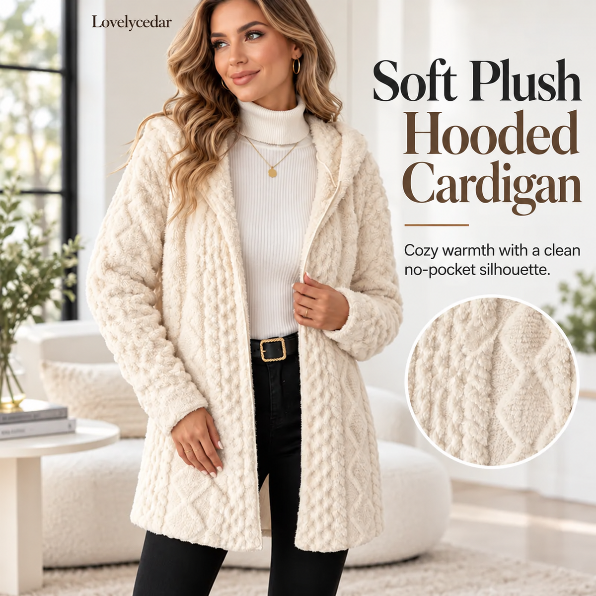 Lovelycedar hooded plush cardigan front detail