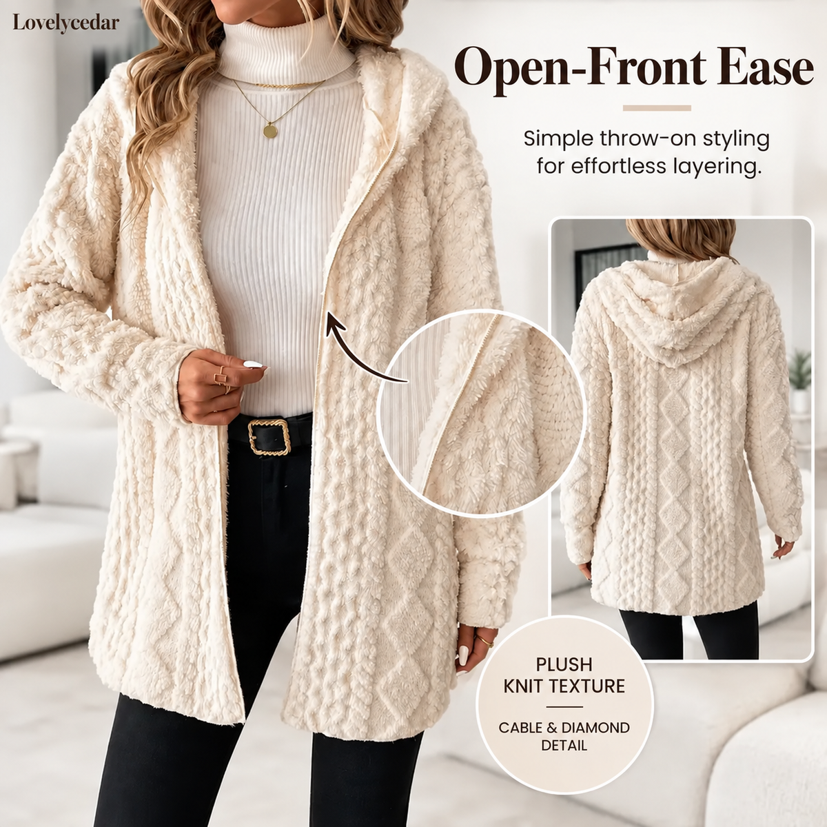 Lovelycedar hooded plush cardigan open front