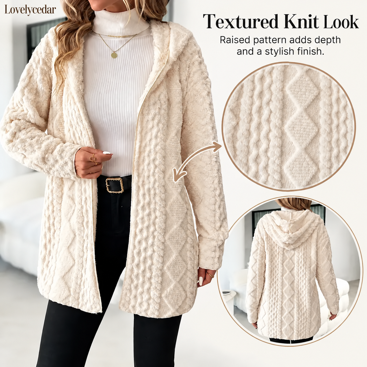 Lovelycedar hooded plush cardigan textured knit