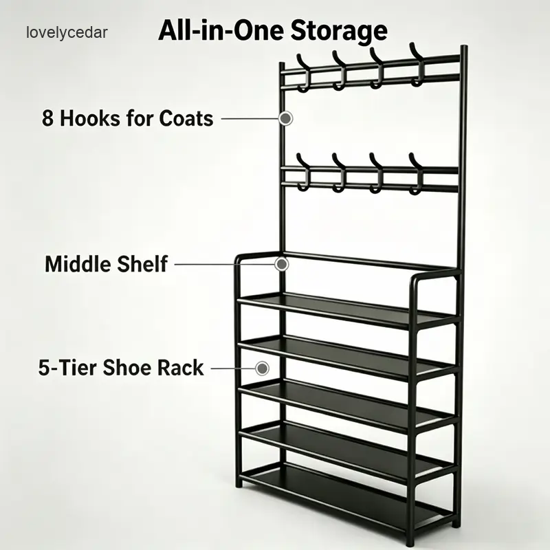 3-in-1 Entryway Organizer: Rack with Coat Rack, 5-Tier Storage Stand with 8 Hooks, Freestanding Hall Tree for Living Room, Bedroom shoe organizer Adjustable Shelf Rack Closet Rack-V