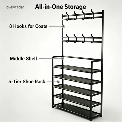 3-in-1 Entryway Organizer: Rack with Coat Rack, 5-Tier Storage Stand with 8 Hooks, Freestanding Hall Tree for Living Room, Bedroom shoe organizer Adjustable Shelf Rack Closet Rack-V
