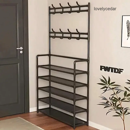 3-in-1 Entryway Organizer: Rack with Coat Rack, 5-Tier Storage Stand with 8 Hooks, Freestanding Hall Tree for Living Room, Bedroom shoe organizer Adjustable Shelf Rack Closet Rack-V