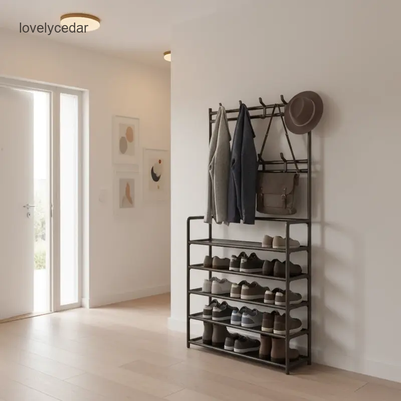 3-in-1 Entryway Organizer: Rack with Coat Rack, 5-Tier Storage Stand with 8 Hooks, Freestanding Hall Tree for Living Room, Bedroom shoe organizer Adjustable Shelf Rack Closet Rack-V
