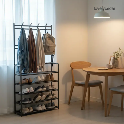 3-in-1 Entryway Organizer: Rack with Coat Rack, 5-Tier Storage Stand with 8 Hooks, Freestanding Hall Tree for Living Room, Bedroom shoe organizer Adjustable Shelf Rack Closet Rack-V